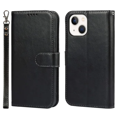 For iPhone 14 Plus PU Leather Phone Wallet Stand Case R61 Texture Felled Seam Phone Cover - Black