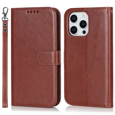 Pour iPhone 14 Pro Max Étui en Cuir R61 Texture Couture Cousue à Plat Étui de Téléphone avec Support Portefeuille - Marron
