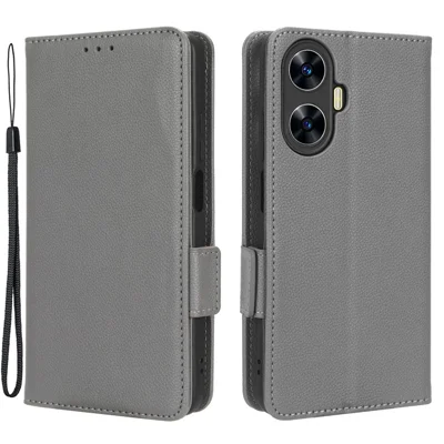 For Realme C55 / Narzo N55 4G Shockproof Leather Protective Case Litchi Texture Phone Stand Wallet Cover - Grey