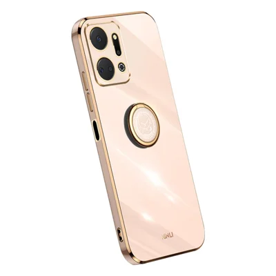 XINLI Voor Honor X7a 5G Ringhouder Staander Zachte TPU Hoes Electrolytisch Gegalvaniseerde Beschermlaag - Roze
