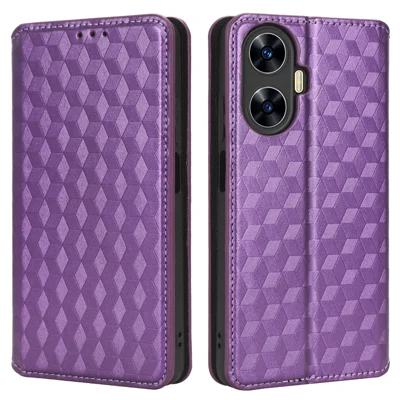 For Realme C55 4G / Narzo N55 4G Wallet Phone Cover PU Leather Stand Imprinted Rhombus Pattern Phone Case - Purple