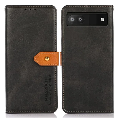 KHAZNEH For Google Pixel 7a Gold Button Magnetic Leather Wallet Cover Stand Cowhide Texture Phone Case - Black