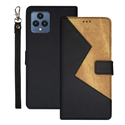 IDEWEI For T-Mobile REVVL 6 5G Card Slots Phone Case Color Splicing Leather Stand Cover with Wrist Strap - Black