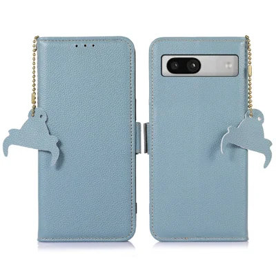 For Google Pixel 7a Wallet Stand Phone Cover RFID Blocking Genuine Cow Leather Phone Case - Blue