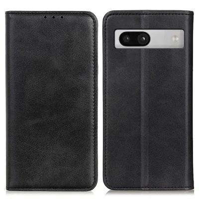 Split Leather Cell Phone Case for Google Pixel 7a , Wallet Stand Shockproof Phone Cover - Black
