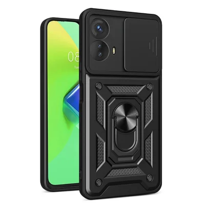 Kickstand PC+TPU Phone Cover for Motorola Moto G53 5G , Slide Push Pull Camera Lens Protection Shell Phone Case - Black
