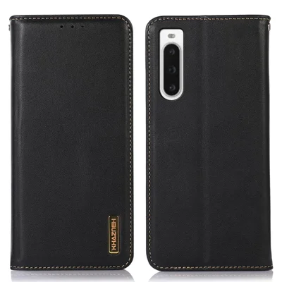 KHAZNEH for Sony Xperia 10 V Phone Case RFID Blocking Wallet Genuine Cowhide Leather Stand Cell Phone Cover - Black