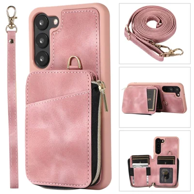 For Samsung Galaxy S23 Phone Case Zipper Card Slots Kickstand Leather Coated TPU Cover with Straps - Pink