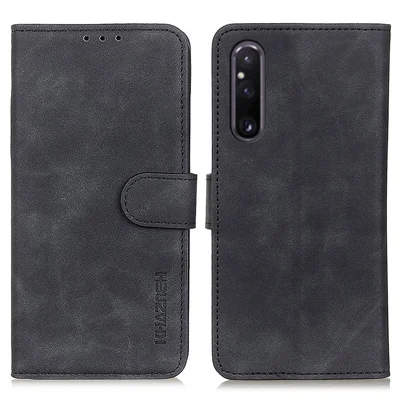 KHAZNEH For Sony Xperia 1 V Wallet Protective Phone Stand Cover Anti-Scratch Retro Leather Shell Case - Black