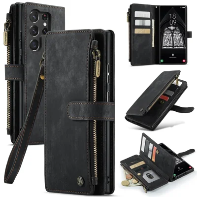 For Samsung Galaxy S23 Ultra Phone Cases with Strap CASEME C30 Zipper Multiple Card Holder PU Leather Cover - Black