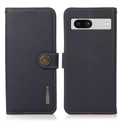 KHAZNEH For Google Pixel 7a RFID Blocking Wallet Phone Shell Genuine Cow Leather Stand Cover - Blue
