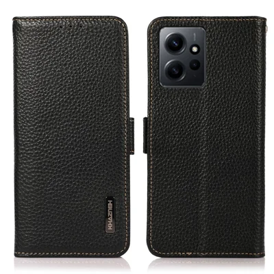 KHAZNEH For Xiaomi Redmi Note 12 4G Genuine Leather Case  RFID Blocking Stand Wallet Phone Cover - Black