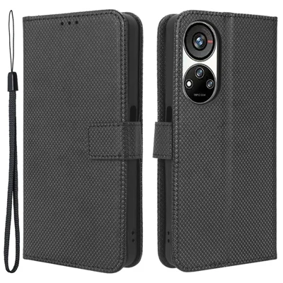 For ZTE Blade V40s 4G Anti-Scratch PU Leather Wallet Stand Phone Case Diamond Texture Protective Cover - Black