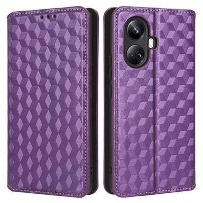 For Realme 10 Pro+ 5G Flip Leather Case Rhombus Pattern Imprinted Wallet Stand Phone Cover - Purple