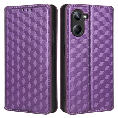 For Realme 10 Pro 5G PU Leather Stand Phone Case Wallet Flip Rhombus Pattern Imprinted Phone Cover - Purple