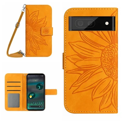 HT04 PU Leather Case for Google Pixel 7a Phone Cover with Shoulder Strap, Sunflower Pattern Wallet Phone Shell - Yellow
