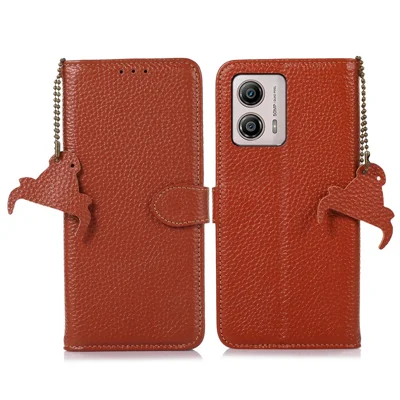 Capa de Carteira para Motorola Moto G53 5G / G23 4G / G13 4G, Couro Genuíno de Vaca com Bloqueio RFID, Capa de Telefone com Suporte - Marrom