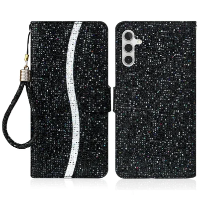 Für Samsung Galaxy A34 5G Glitzer Bling Splicing Handyhülle Brieftasche PU-Leder Ständer Handy Cover mit Riemen - Schwarz