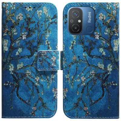 Lederhülle für Xiaomi Redmi 11A 4G / Redmi 12C 4G Smartphone-Hülle mit Musteraufdruck, kratzfest, Brieftaschendesign - Aprikosen-Blumen