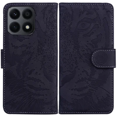 For Honor X8a 4G Wallet Case Tiger Imprinted PU Leather Flip Folio Phone Cover with Stand - Schwarz
