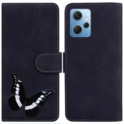 Til Xiaomi Redmi Note 12 4G PU Læder Wallet Cover Sommerfugl Print Flip Stående Stødfast Telefonbeskyttelse - Sort