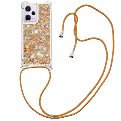 For Xiaomi Redmi Note 12 Pro 5G / Note 12 Pro Speed 5G / Poco X5 Pro 5G TPU Case Quicksand Design Phone Cover with Lanyard - Gold  /  Hearts