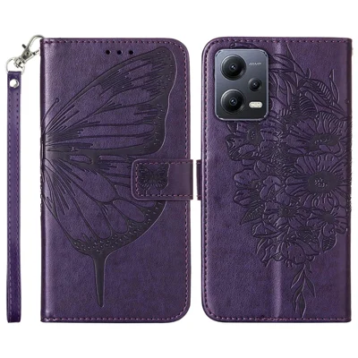 Funda cartera para Xiaomi Redmi Note 12 5G (Global) / (India) / (China) / Poco X5 5G con correa de muñeca, funda de cuero con estampado de mariposa - Morado oscuro