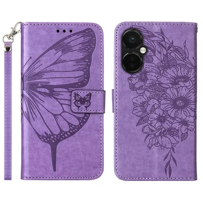 For OnePlus Nord CE 3 Lite 5G / Nord N30 5G Wallet Case with Wrist Strap Butterfly Imprint Leather Phone Cover - Purple