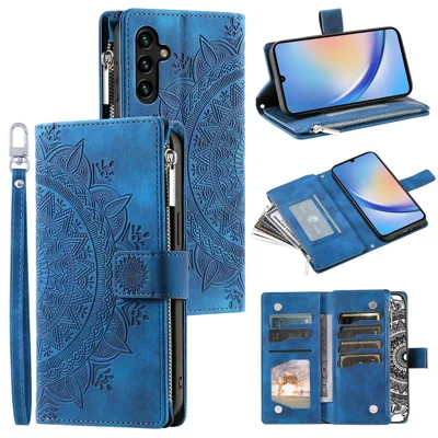 Leather Flip Cover for Samsung Galaxy A24 4G (162.1 x 77.6 x 8.3mm) Mandala Flower Pattern Wallet Phone Case - Blue