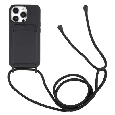 Protective Case for iPhone 13 Pro 6.1 inch Anti-Fall Liquid Silicone Phone Cover with Card Slot, Strap - Black