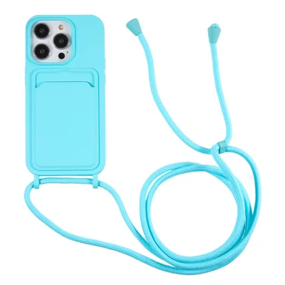 Liquid Silicone Case for iPhone 13 Pro Max 6.7 inch Anti-Drop Protective Phone Cover with Card Slot, Strap - Cyan