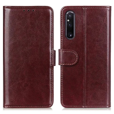 For Sony Xperia 1 V Phone Wallet Case Crazy Horse Texture PU Leather Cell Phone Stand Cover - Brown