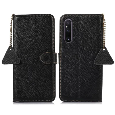 Anti-Scratch Phone Cover for Sony Xperia 1 V Genuine Cow Leather Litchi Texture RFID Blocking Stand Wallet Case - Black