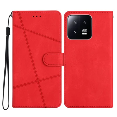 Para Xiaomi 13 Pro 5G Crazy Horse Texture Leather Wallet Cover Imprinted Lines Flip Stand Phone Case with Strap - Red