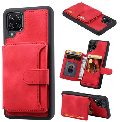 For Samsung Galaxy A12 / M12 RFID Blocking Phone Case Leather Coated TPU Cover with Kickstand Wallet - Red