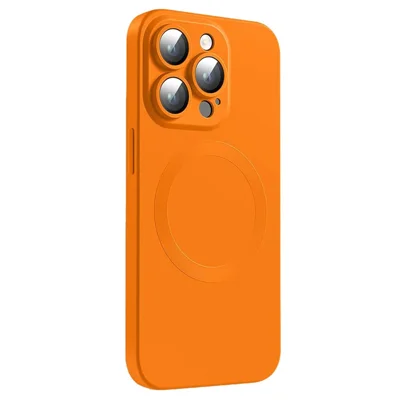 For iPhone 14 Pro Liquid Silicone Phone Case Compatible with MagSafe, Tempered Glass Lens Protector Cover - Orange