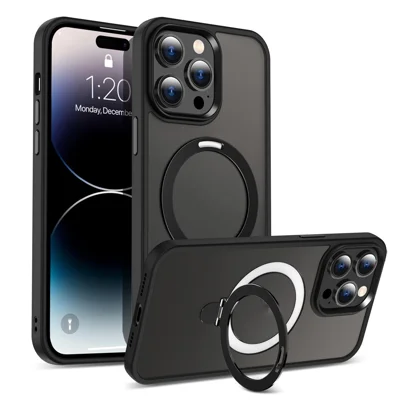 For iPhone 14 Pro Magnetic Phone Case Compatible with MagSafe PC+TPU Ring Kickstand Protective Cover - Black