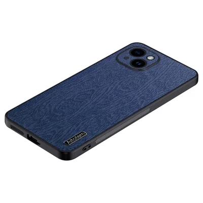 For iPhone 14 Wood Grain Phone Case PU Leather PC TPU Cover with Camera Lens Protector - Blue