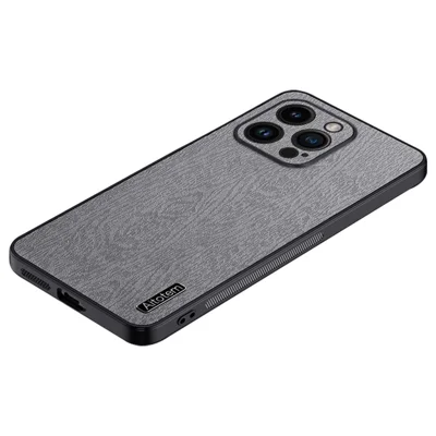Wood Grain Slim Case for iPhone 14 Pro PU Leather PC TPU Phone Cover with Camera Lens Protector - Grey