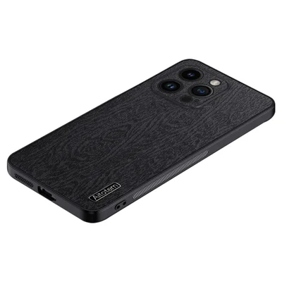 Wood Grain Phone Case for iPhone 13 Pro Max 6.7 inch PU Leather PC TPU Shell with Camera Lens Protector - Black