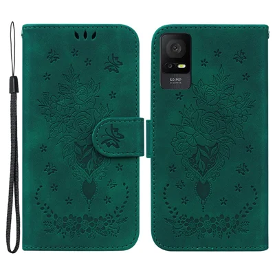 For TCL 408 Leather Phone Case Stand Wallet Rose Butterfly Imprinted Cell Phone Cover - Green