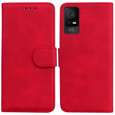 Phone Case for TCL 408 Solid Color PU Leather Wallet Flip Stand Shockproof Cover - Red