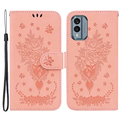 For Nokia X30 5G Leather Wallet Phone Case Rose Butterfly Imprinted Cell Phone Stand Cover - Pink