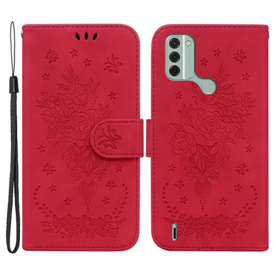 For Nokia C31 4G Leather Stand Wallet Phone Case Rose Butterfly Imprinted Smartphone Anti-drop Cover - Red