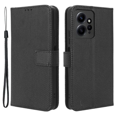 Til Xiaomi Redmi Note 12 4G Telefonbeskyttelse i PU-læder med diamantstruktur, wallet med standfunktion - Sort
