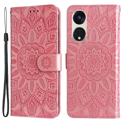 For Oppo Reno8 T 5G / A1 Pro 5G Leather Phone Case Sunflower Imprinted Wallet Stand Smartphone Cover with Strap - Pink