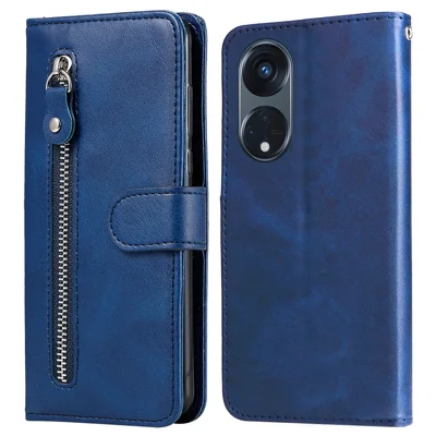 For Oppo Reno8 T 5G / A1 Pro 5G Zipper Pocket Phone Stand Case Calf Texture Leather Wallet Phone Cover - Blue