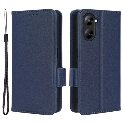 For Realme V30 5G / V30t Phone Wallet Case PU Leather Litchi Texture Magnetic Clasp Stand Phone Cover - Dark Blue