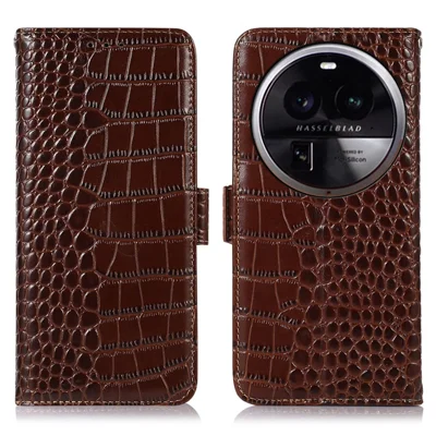 For Oppo Find X6 Pro RFID Blocking Genuine Cowhide Leather Phone Case Phone Wallet Stand Cover - Brown