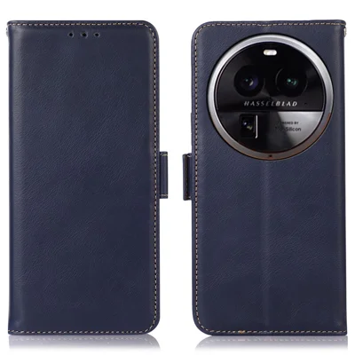 Para o caso do telefone Oppo Find X6 Pro RFID Blocking Genuine Cowhide Leather Cover com suporte e carteira - Azul
